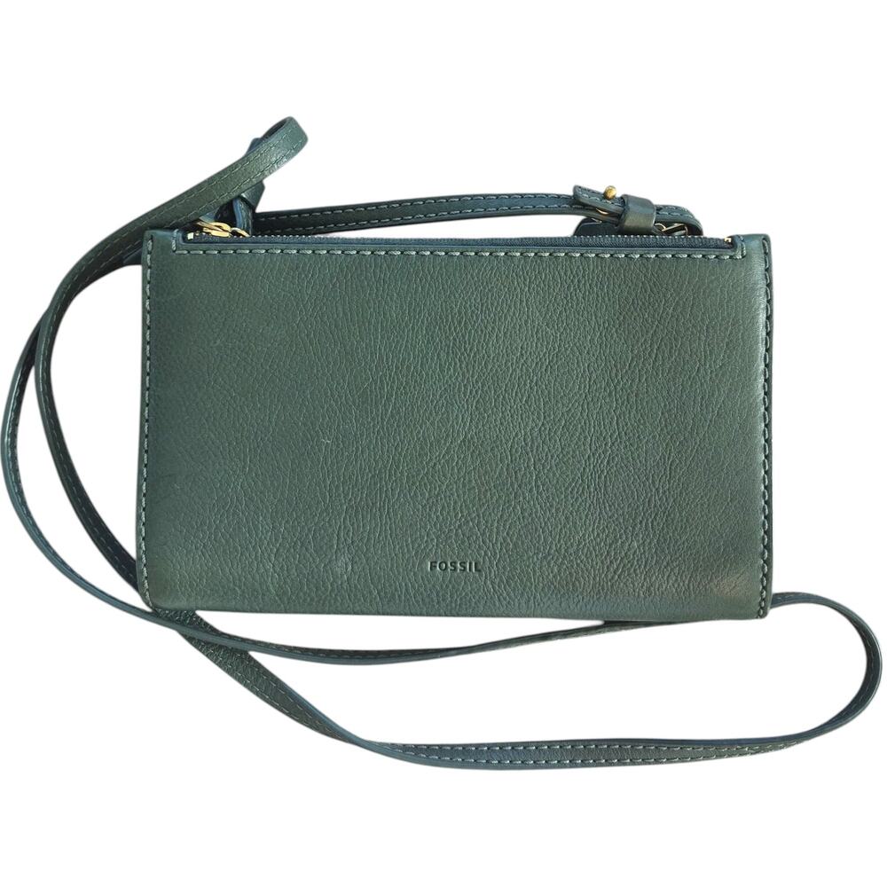 Fossil Leather Crossbody Bag Mini Purse Sage Green Rainbow Eyes Wallet Boho